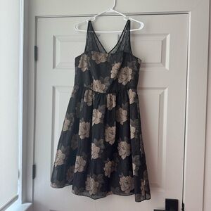 Adrianna Papell Black and Tan Fit and Flare V-Neck Dress